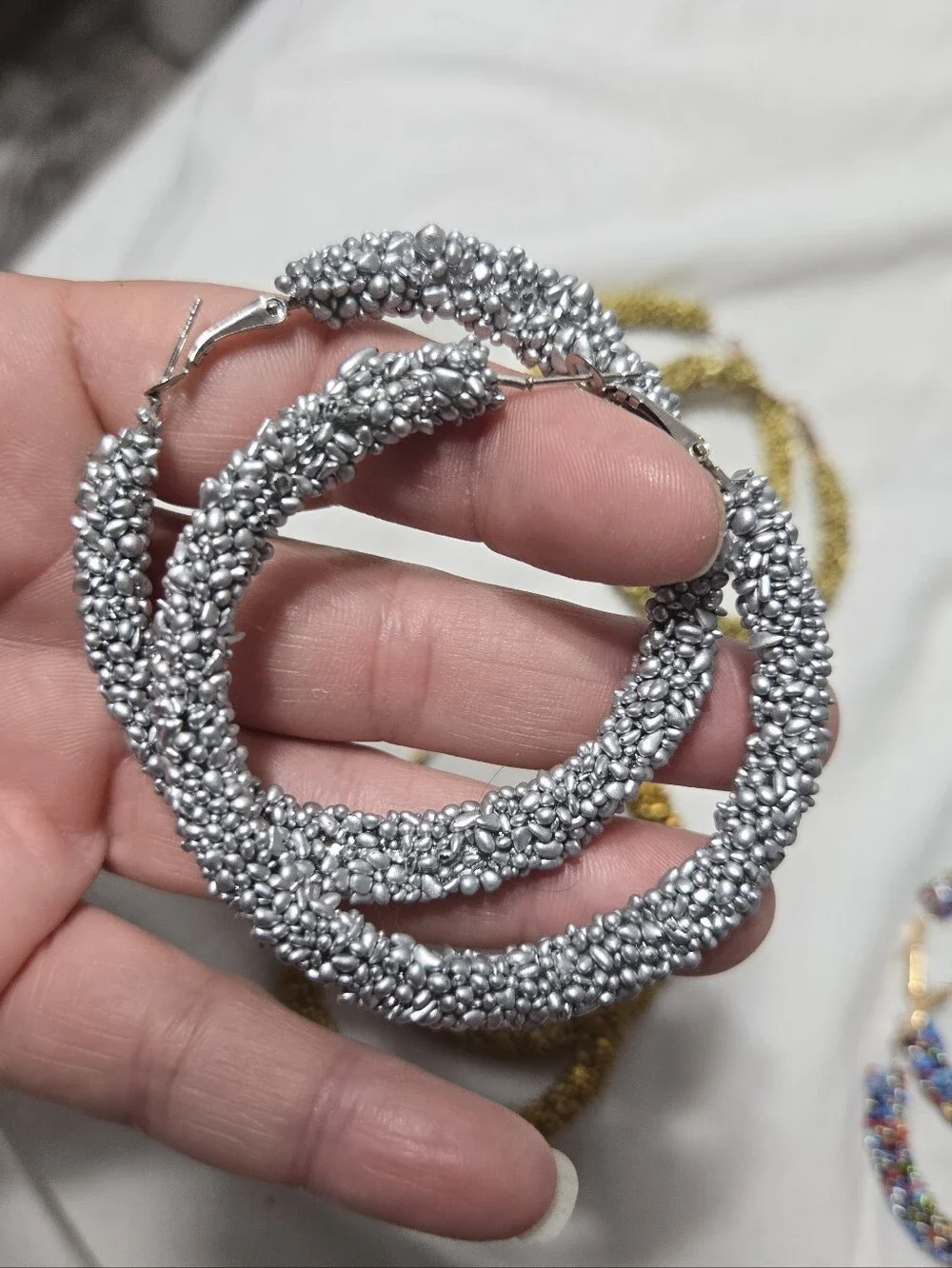 Set Of 4 Large Hoop Beaded Earrings Silver, Gold, Multicolor, Bronze